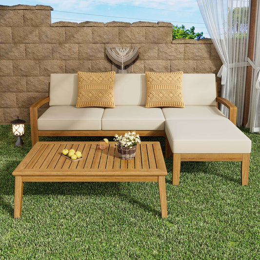 L Shape 3-Piece Acacia Wood Outdoor Sectional Sofa Set With Fabric Cushions For Patio And Garden Teak Beige