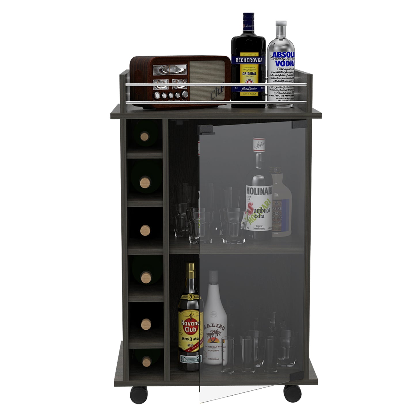 Espresso Bar Cart With Glass Door Cabinet Locking Casters