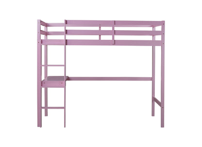 Pink Twin High Loft Bed with Built-in Desk and Safety Guardrails - Rubber Wood Design