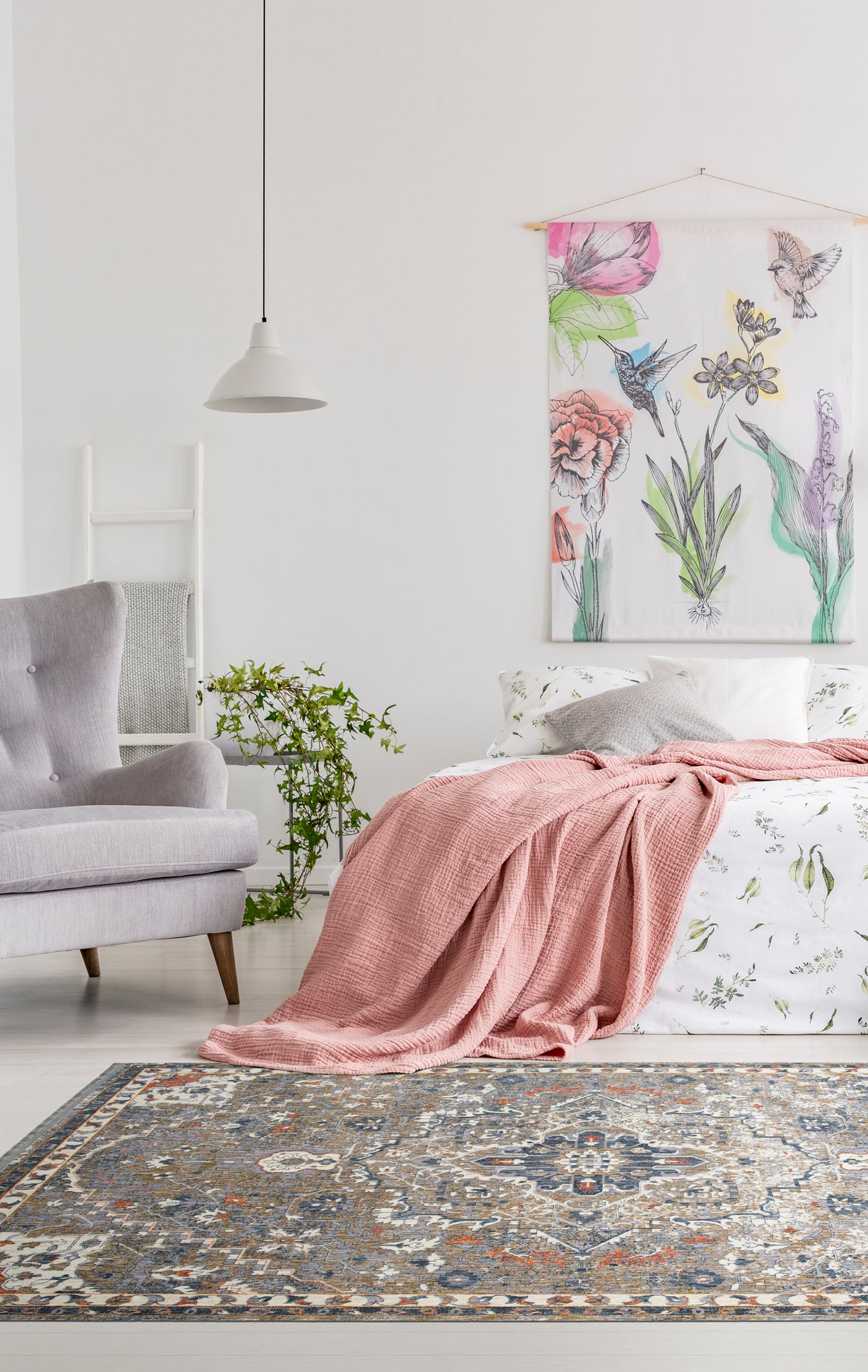 30x22-Inch Transitional Oriental Cut-Pile Throw Rug, 100% Polyester, Stain-Resistant, Grey Multi