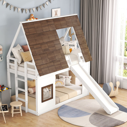 Wooden Twin House Bunk Bed with Roof, Ladder, and Slide in White and Brown