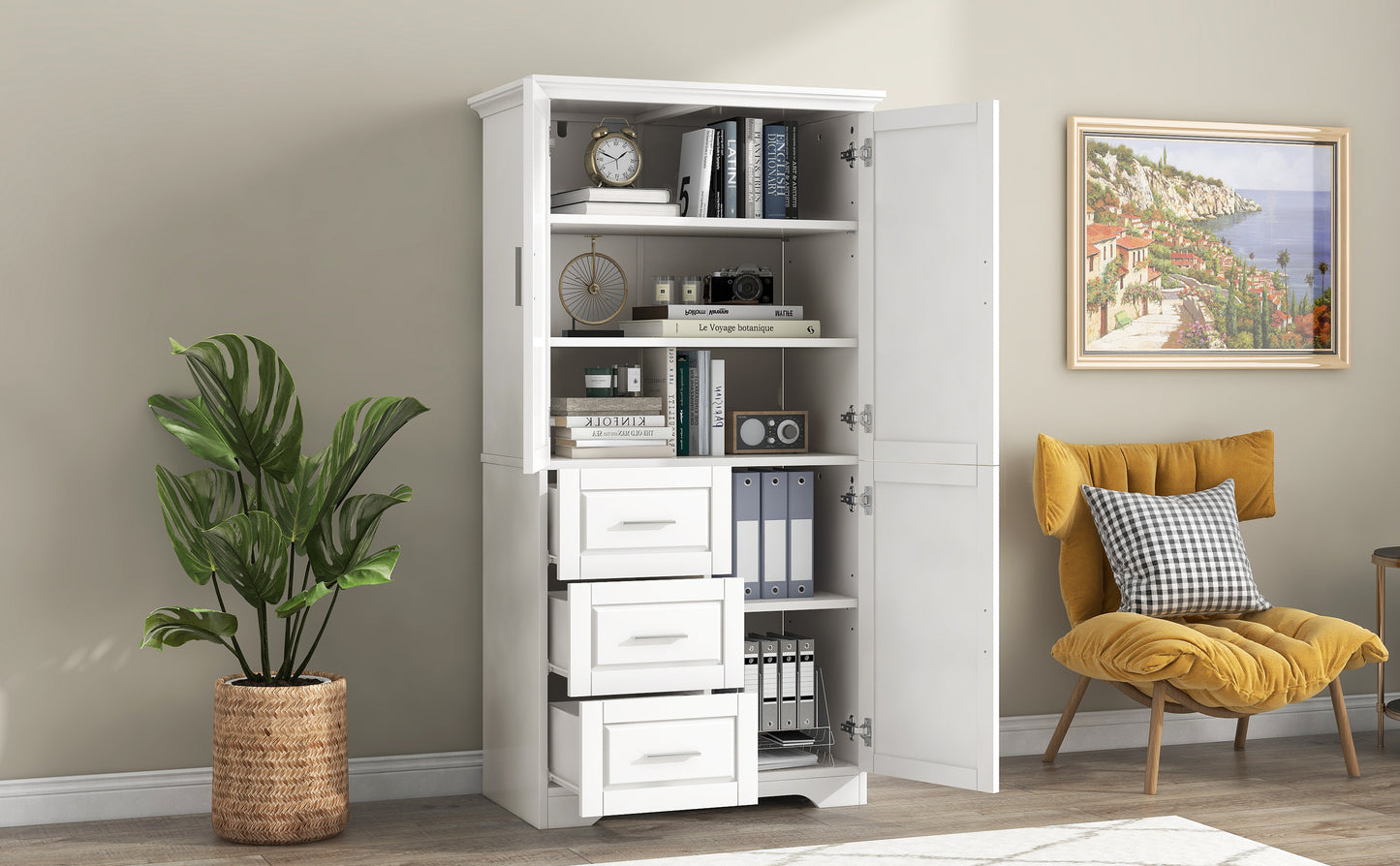 Versatile Tall Storage Cabinet with Doors and Drawers for Bathroom, Office, or Kitchen - White MDF Design