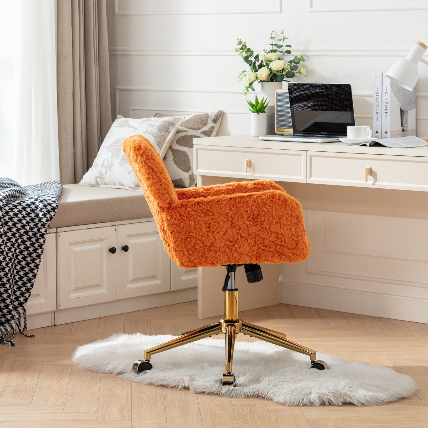 Orange Upholstered Home Office Chair with Golden Base - Adjustable Swivel Vanity Chair Featuring Artificial Rabbit Hair and Reclining Chassis