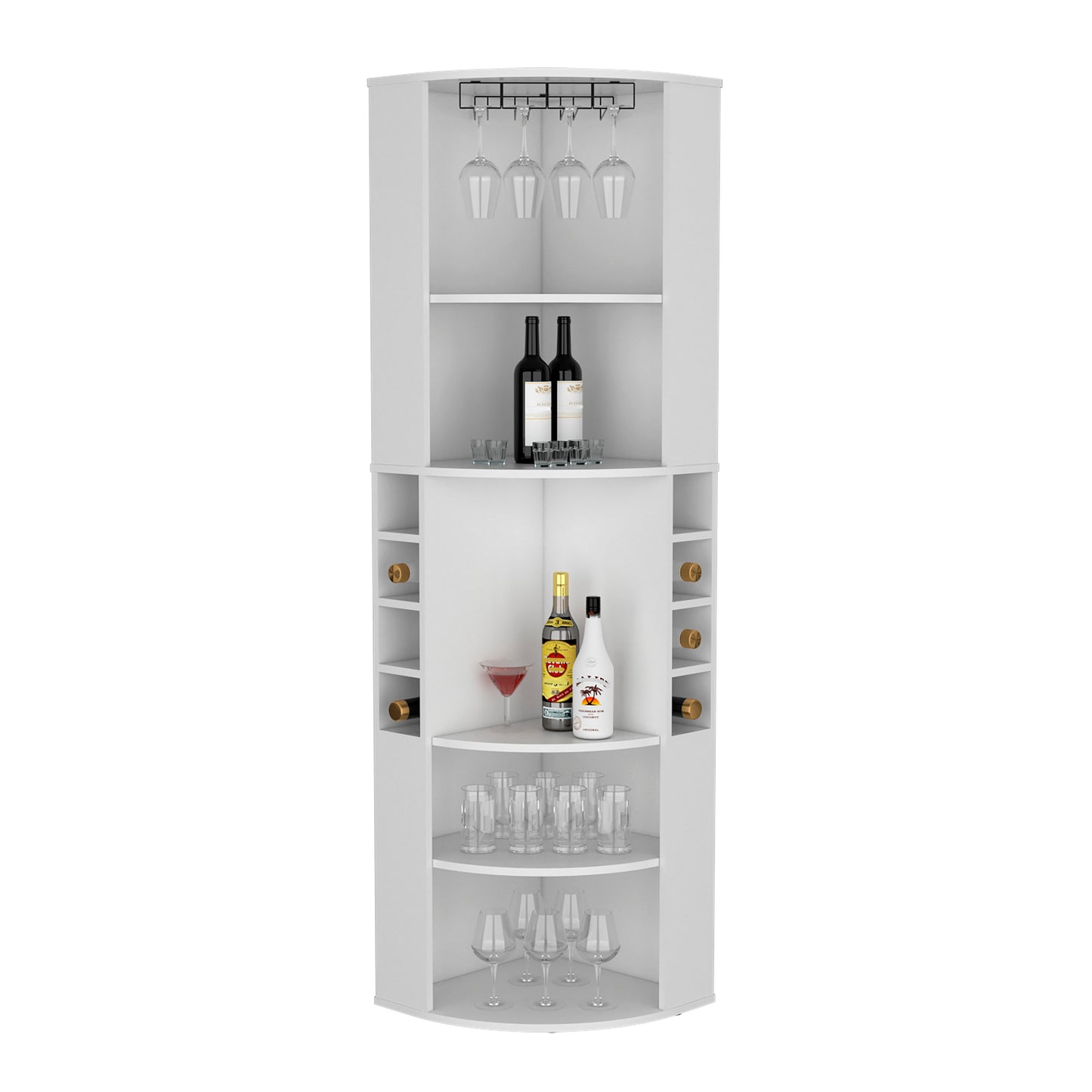 71 Inch White Corner Bar Cabinet With Stemware Storage