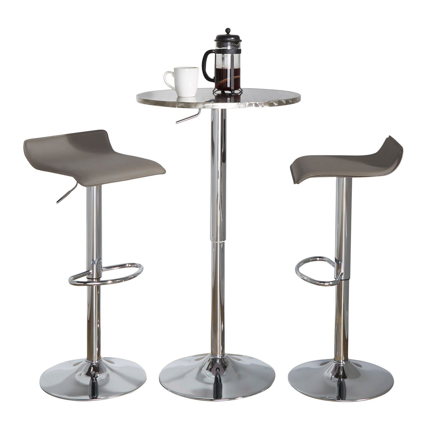 Round Bistro 3-Piece Adjustable Bar Set with Chrome Frame, PVC Seats, Oval Footrest - Grey
