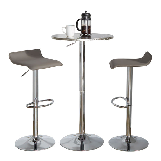 Round Bistro 3-Piece Adjustable Bar Set with Chrome Frame, PVC Seats, Oval Footrest - Grey