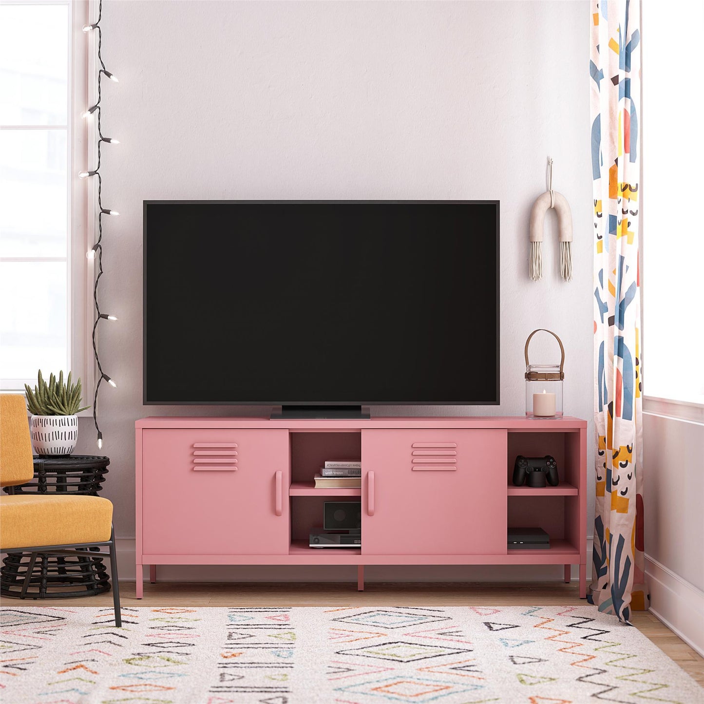 Locker-Style Metal TV Stand for 65 TV, Living Room, Sliding Doors, Wire Management, Powder-Coated Pink