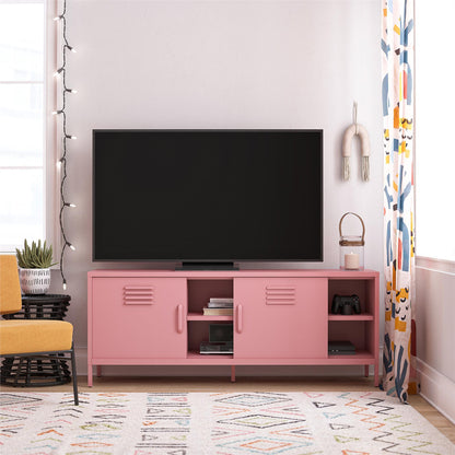 Locker-Style Metal TV Stand for 65 TV, Living Room, Sliding Doors, Wire Management, Powder-Coated Pink
