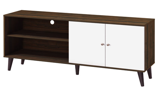 TV Stand for 63-In TV, Wood Center with Open Shelf and 2 Cabinets, Living Room Console, Walnut/White