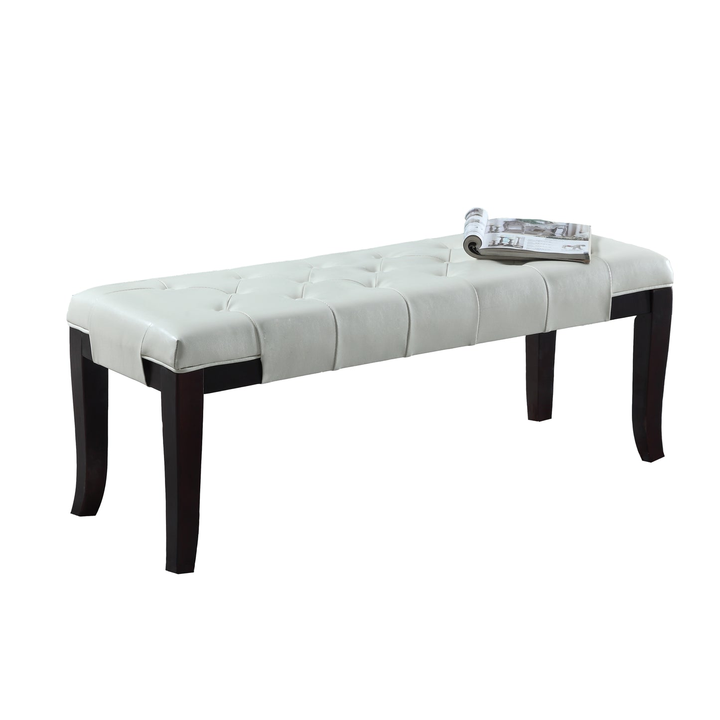 44-Inch Tufted Bench with Faux Leather, Button-Tufted, Solid Hardwood Legs, Espresso Finish, White
