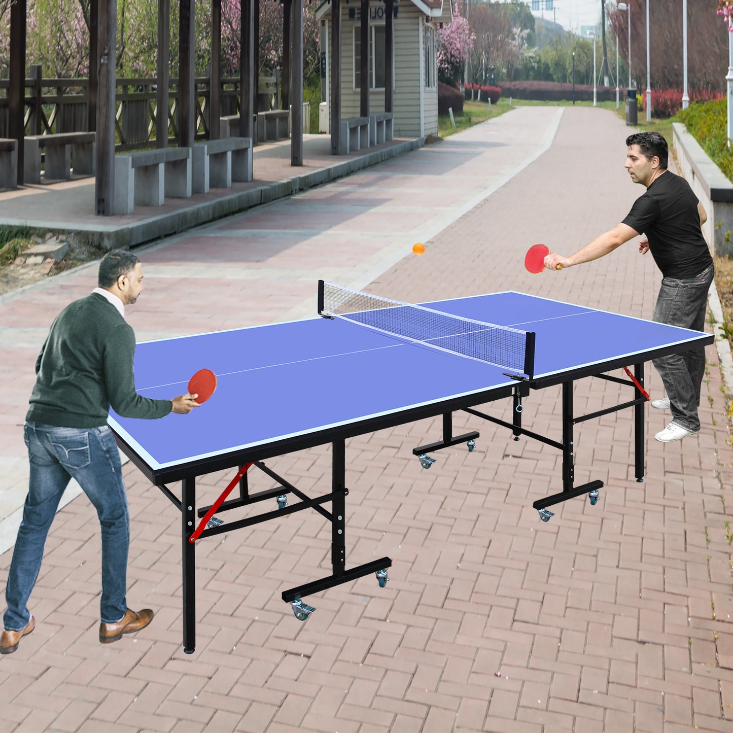 8ft Table Tennis Table, Foldable & Portable Ping Pong Set with Net, 2 Paddles & 3 Balls, Storage Blue