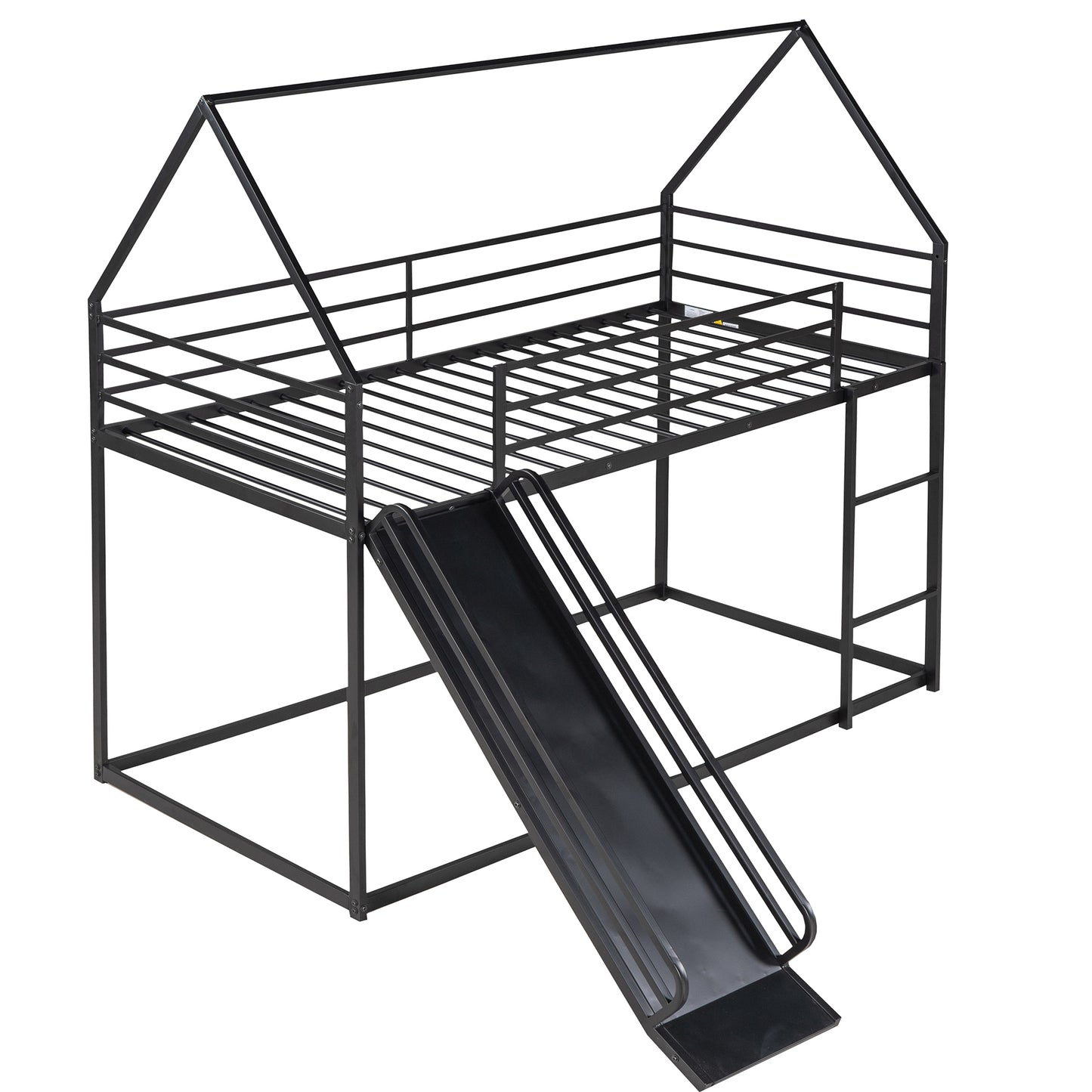 Twin House Bunk Bed with Slide and Ladder in Black for Kids