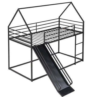 Twin House Bunk Bed with Slide and Ladder in Black for Kids