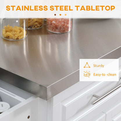 Portable Rolling Kitchen Cart with Stainless Steel Top, Storage Drawers, Spice & Knife Racks, White Finish