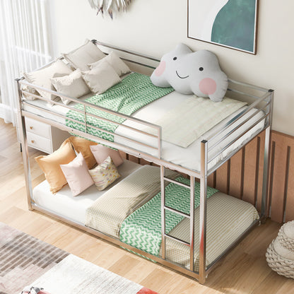 Silver Twin Over Twin Low Metal Bunk Bed with Ladder