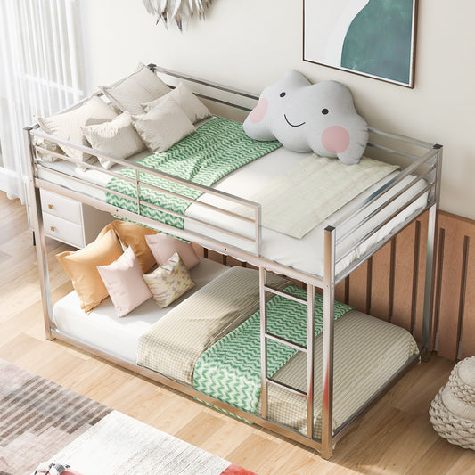 Silver Twin Over Twin Low Metal Bunk Bed with Ladder