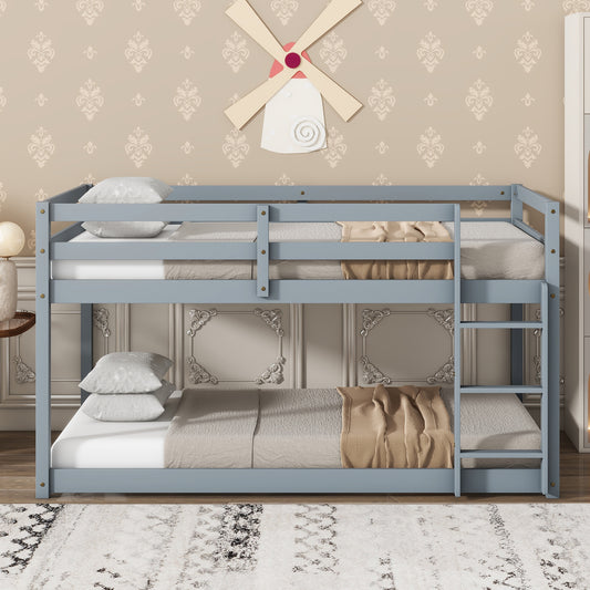 Durable Grey Twin over Twin Loft Bed with Ladder and Sturdy Slat Support