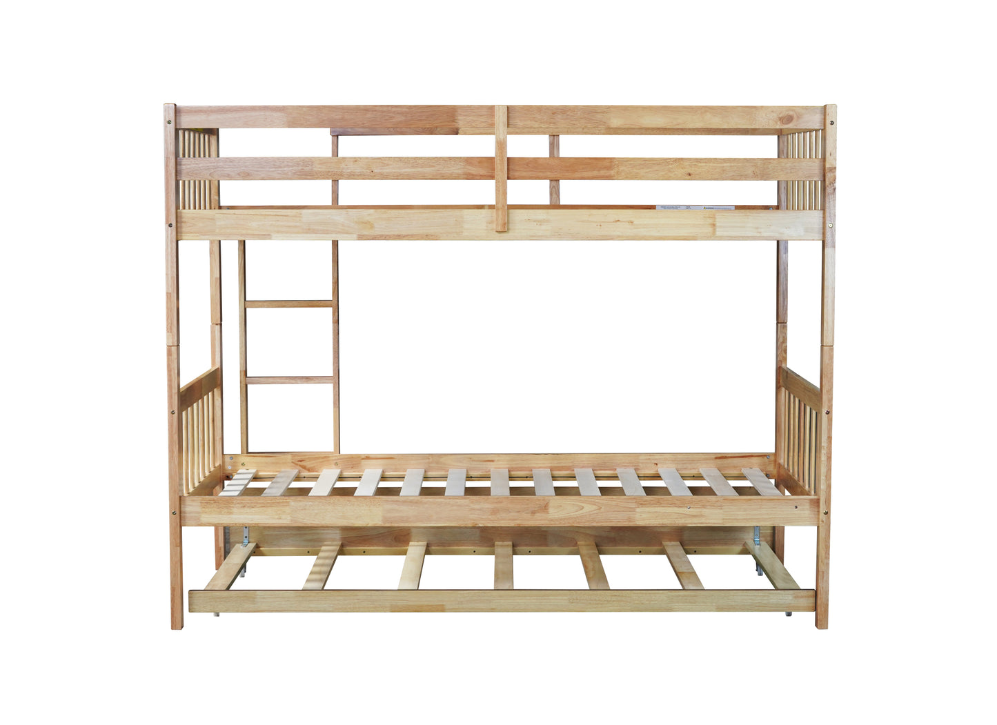Convertible Twin Over Twin Bunk Bed with Trundle, Rubber Wood Design, Ladder & Safety Guardrails, Natural Finish