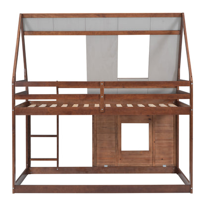 Charming Oak & Smoky Grey Twin Size House Bunk Bed with Roof, Ladder, and Two Windows