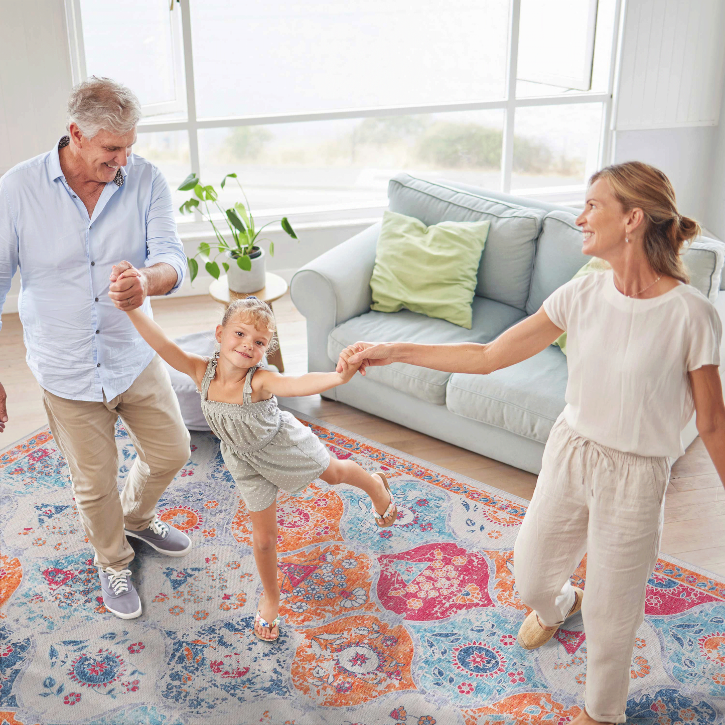 Machine-Washable 5x8 Area Rug, Low-Pile, Non-Slip Backing, Foldable, Kid & Pet Friendly Living Room-Cream