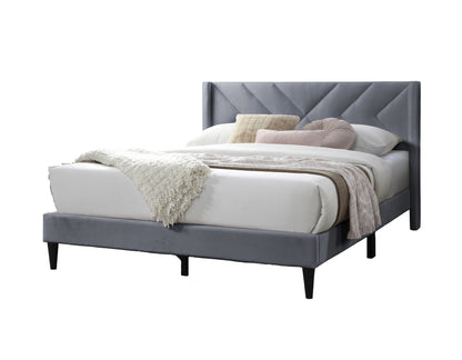Stylish Gray Velvet Queen Bed Frame with Geometric Headboard – Modern Upholstered Design