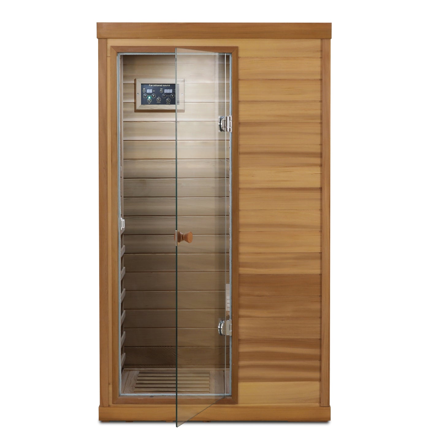 1-Person Indoor Far Infrared Sauna with Left Glass Door, 36x28x62 in, LCD, Bluetooth, 1050W Red Cedar