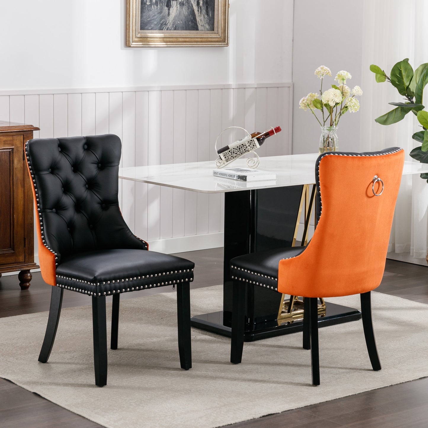 Modern Tufted Wood Dining Chair Set with PU Leather and Velvet Upholstery, Wood Legs, 2-Pcs Black/Orange