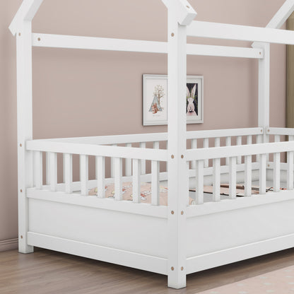 Whimsical Twin Floor Bed with House Roof and Safety Guardrails in White