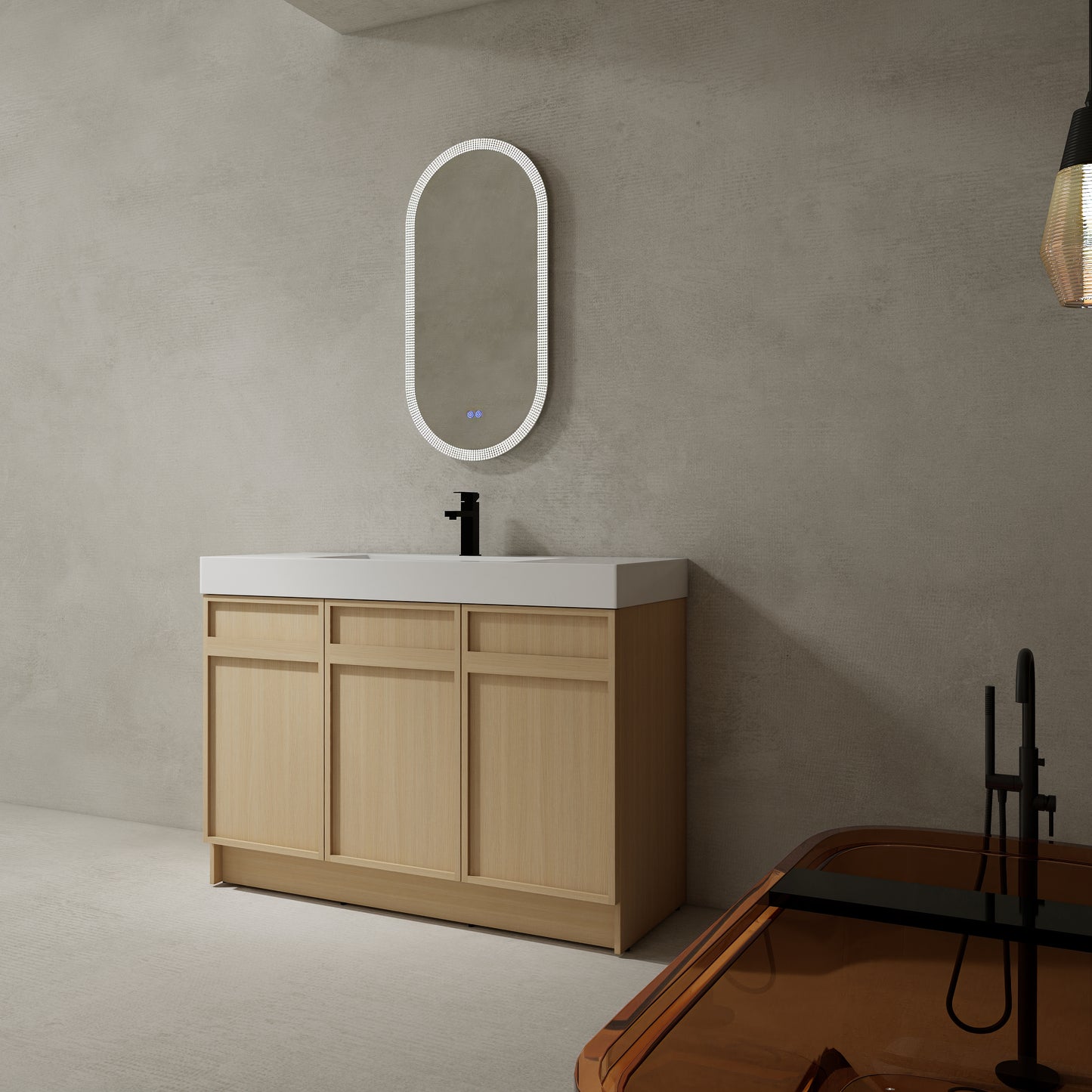 Modern 48" Freestanding Oak Bathroom Vanity with White Resin Sink & Soft-Close Doors