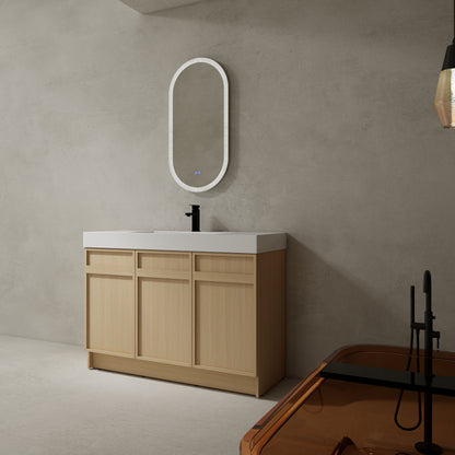 Modern 48" Freestanding Oak Bathroom Vanity with White Resin Sink & Soft-Close Doors