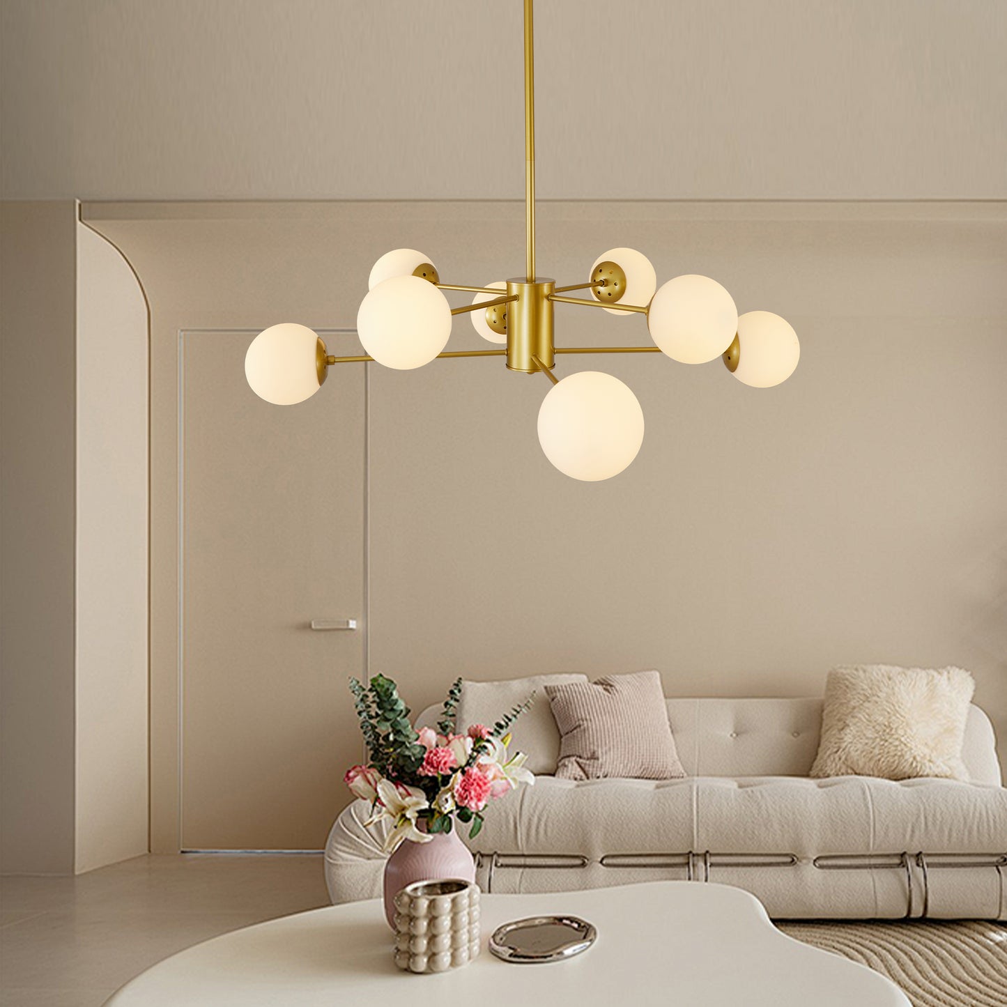 8-Light Modern Chandelier with White Glass Globes, Mid-Century Branching Iron Frame Ceiling Fixture Gold