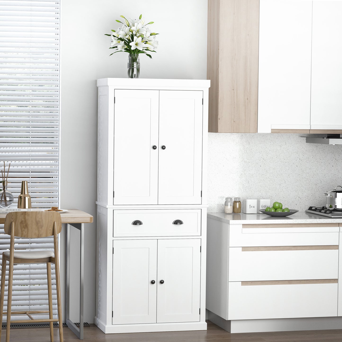 Elegant 72" White Freestanding Kitchen Pantry Cabinet with Adjustable Shelves and Drawer Storage