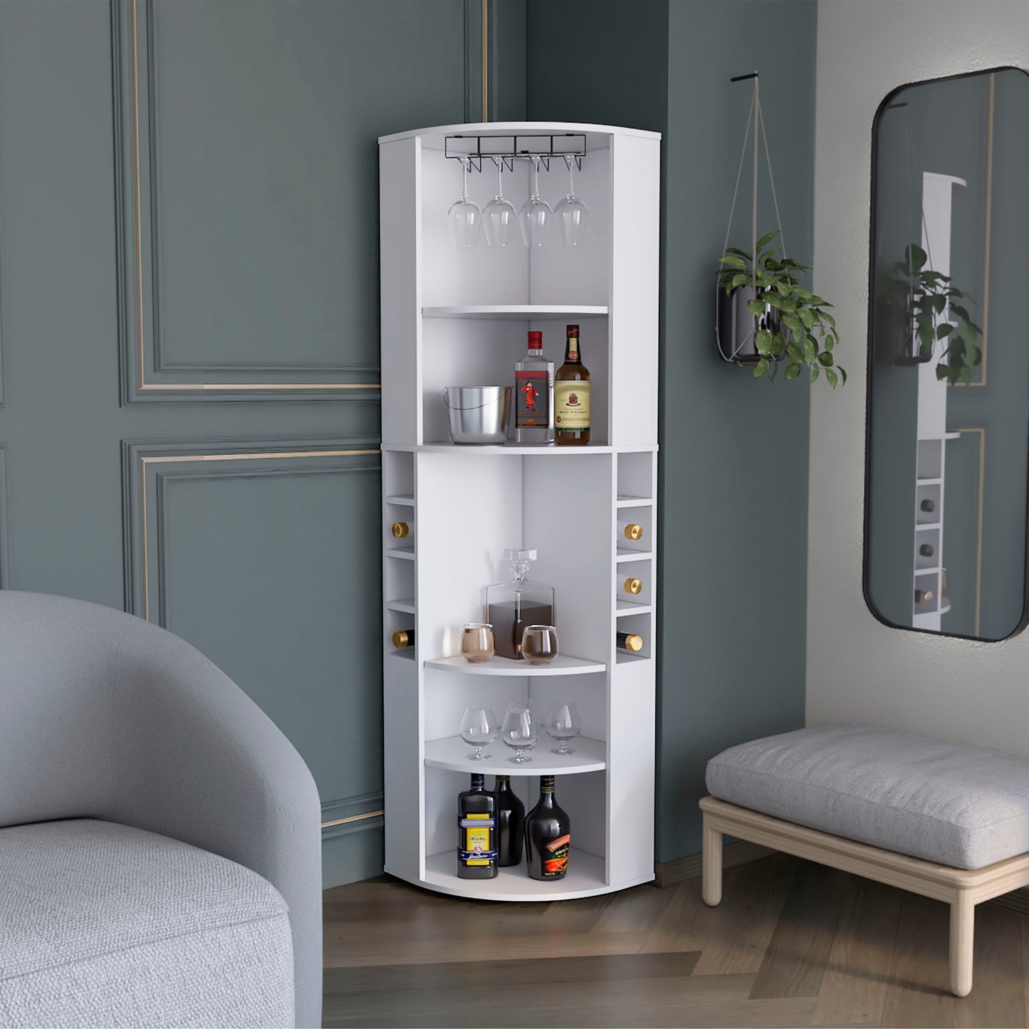 Modern White Corner Bar Cabinet With Five Shelves Storage