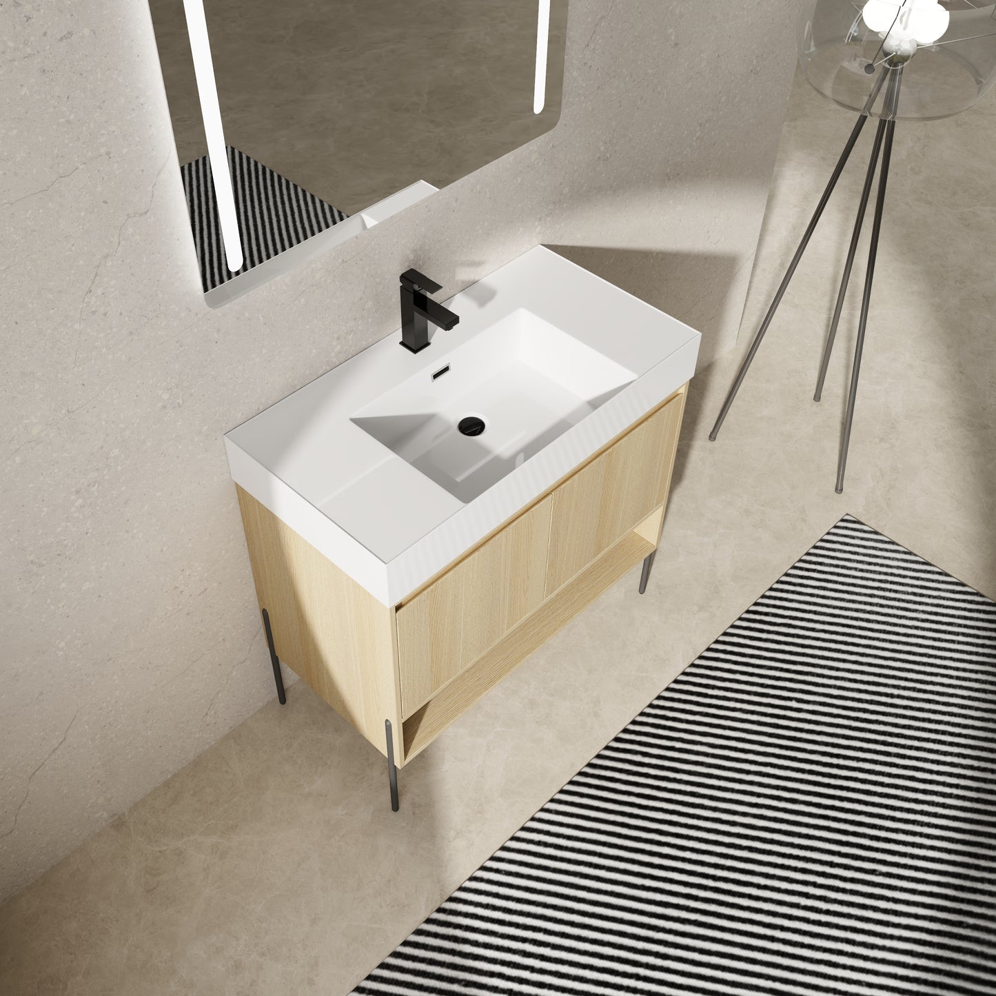 36" Modern Oak Bathroom Vanity Set with Easy-Clean Resin Sink and Multi-Layer Solid Wood Cabinet