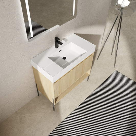 36" Modern Oak Bathroom Vanity Set with Easy-Clean Resin Sink and Multi-Layer Solid Wood Cabinet