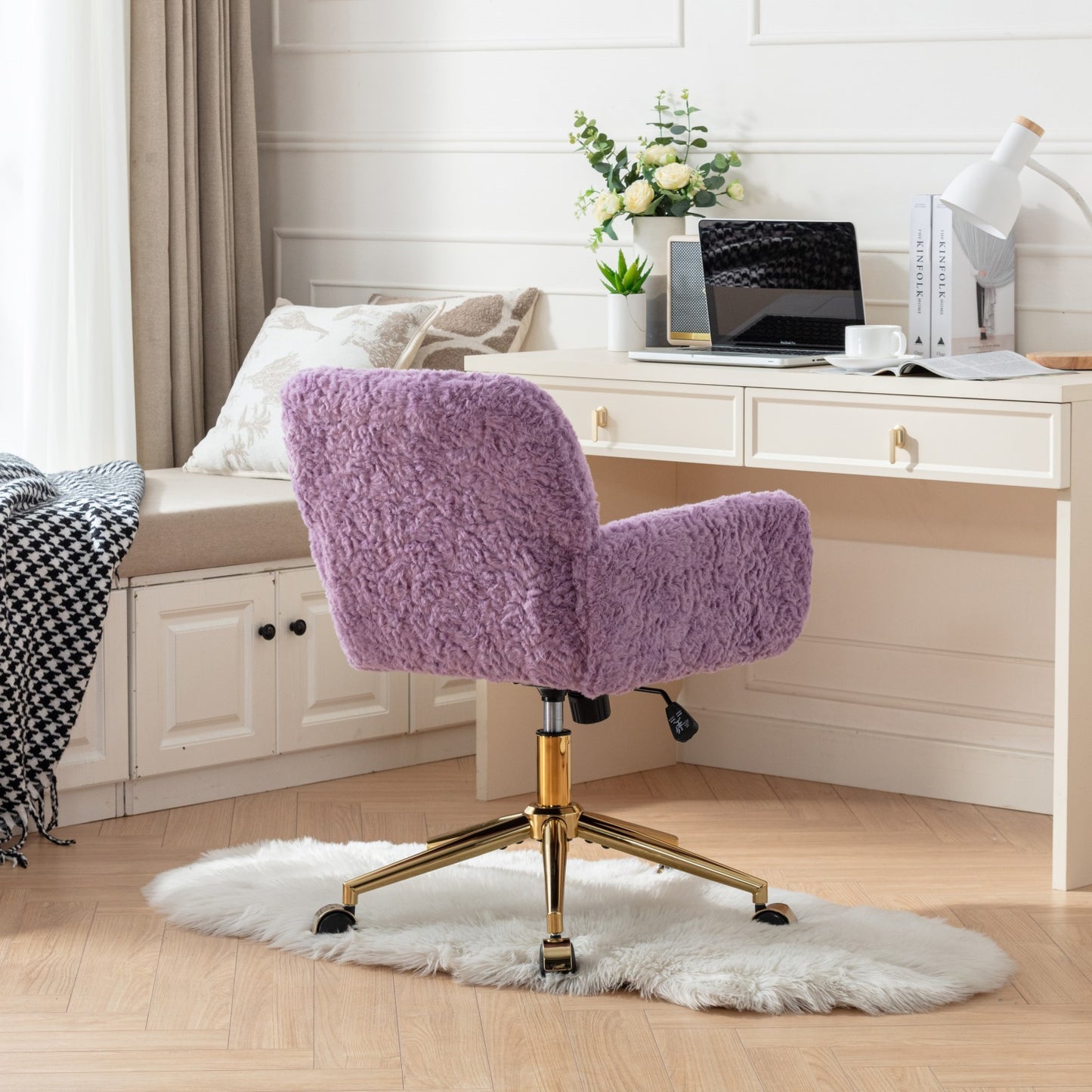 Violet Velvet Office Chair with Golden Base, Adjustable Swivel Design, Plush Artificial Alpaca Wool Upholstery, Ideal for Home and Vanity Use