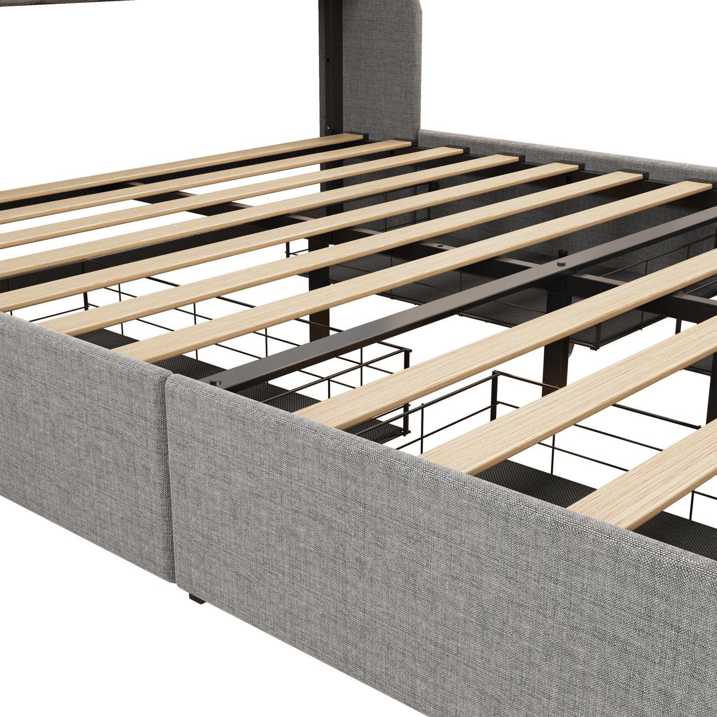 LED-Enhanced Queen Bed Frame with 4 Storage Drawers and Elegant Wings Headboard in Light Grey