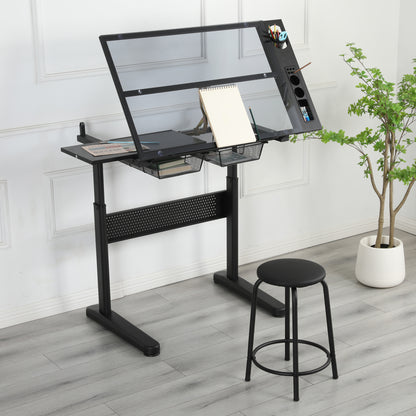 Adjustable Hand Crank Drafting Table with Stool and Metal Drawers (Black)
