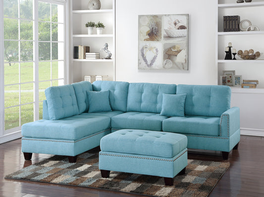3-Piece L-Shaped Sectional Sofa with Reversible Chaise and Ottoman, Linen-Like Polyfiber Blue