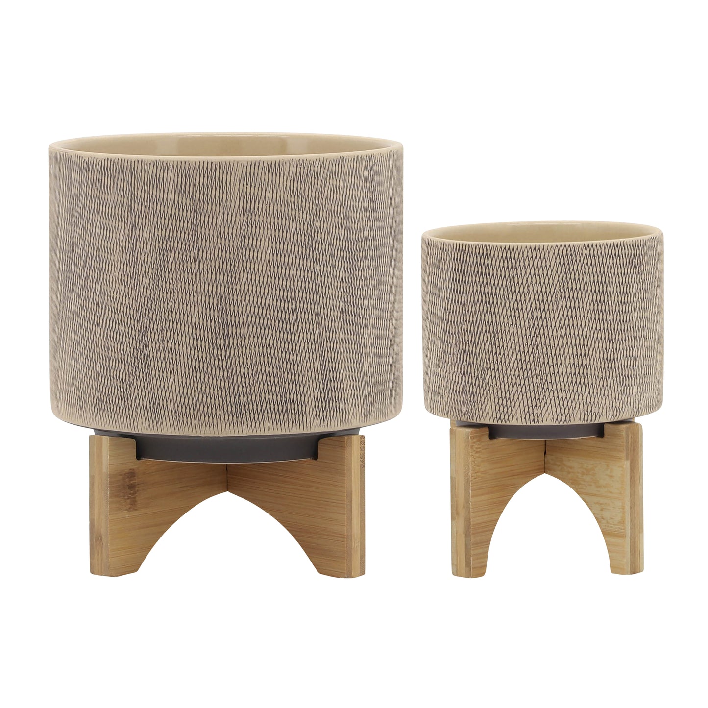 Ceramic Planter with Stand, 7.75 x 7.75 x 10.5 in, Plant Pot for Succulents and Houseplants, Drainage, Tan