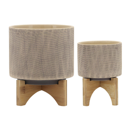 Ceramic Planter with Stand, 7.75 x 7.75 x 10.5 in, Plant Pot for Succulents and Houseplants, Drainage, Tan