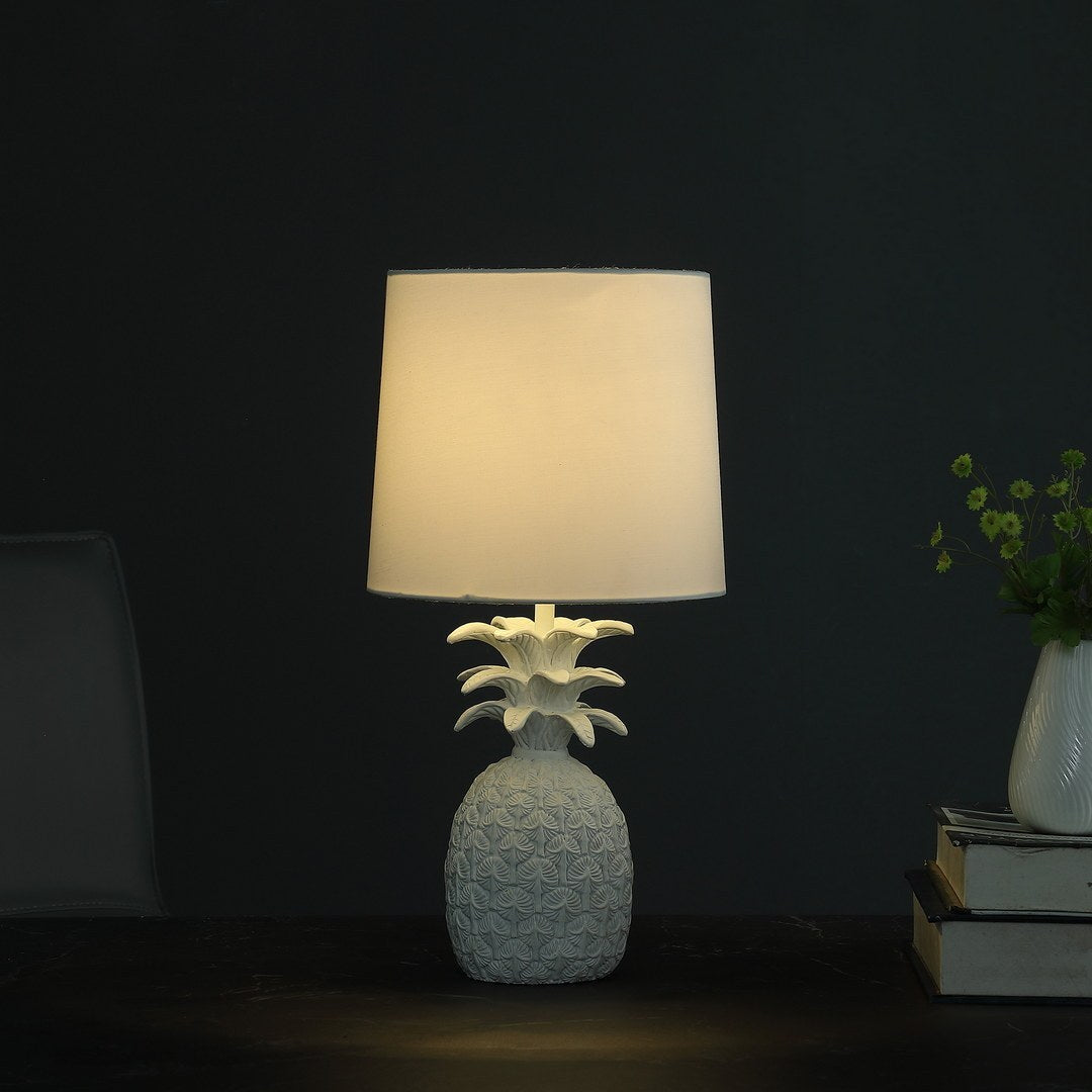 Pineapple Table Lamp, 17-Inch Polyresin Body, Cotton/Linen Drum Shade, E26 Bulb Compatible, Cottage White