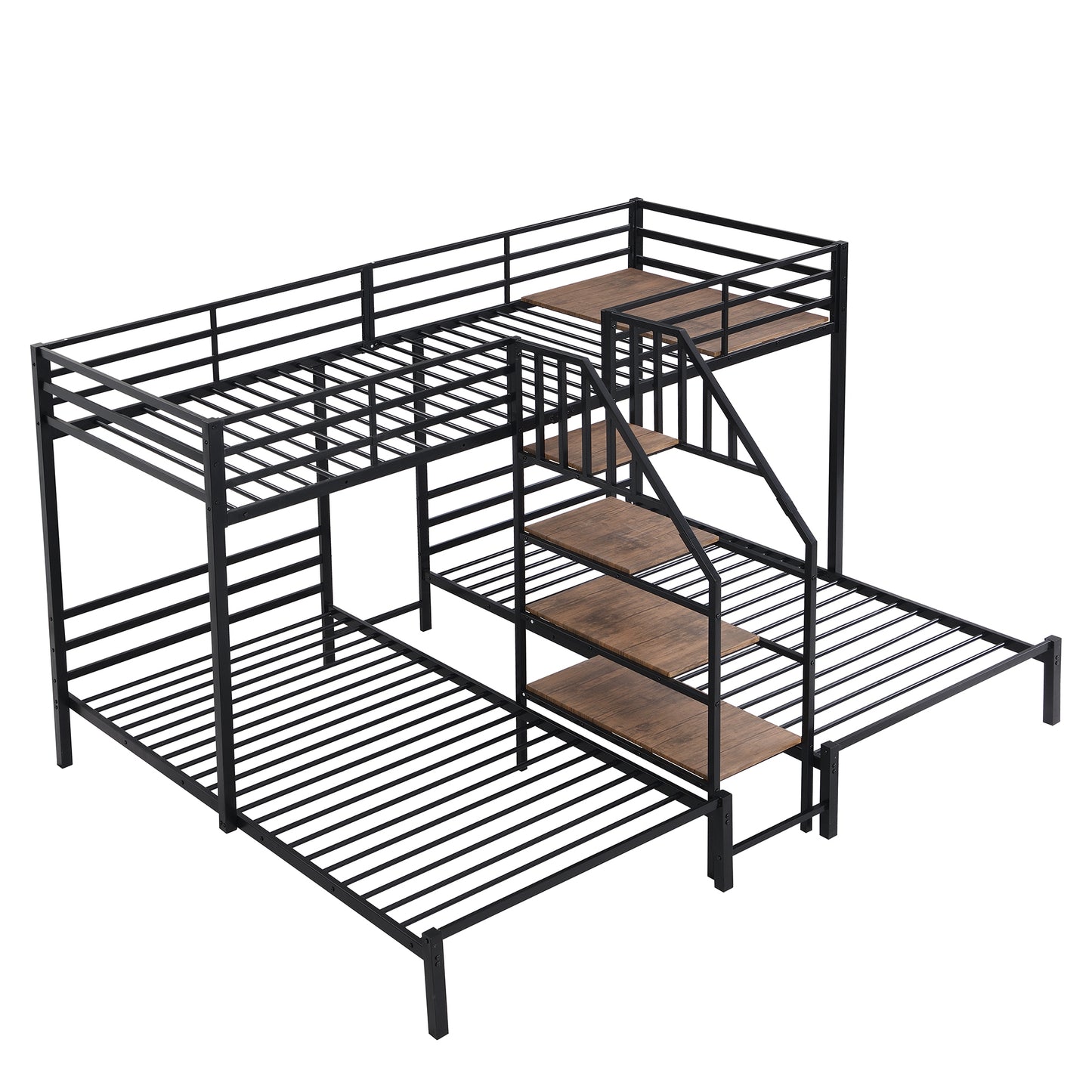 Black Metal Triple Bunk Bed with Storage Shelves and Staircase - Twin Over Twin Configuration