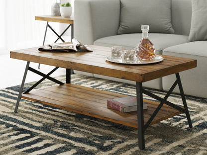Solid Wood Coffee Table, 48in L x 24in W x 17.8in H, Modern Rustic Living Room, Easy Assembly, Brown