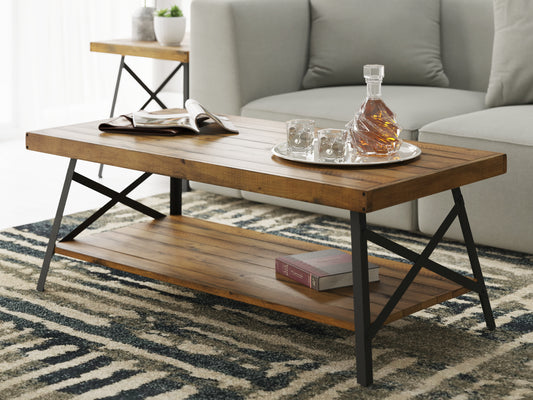 Solid Wood Coffee Table, 48in L x 24in W x 17.8in H, Modern Rustic Living Room, Easy Assembly, Brown