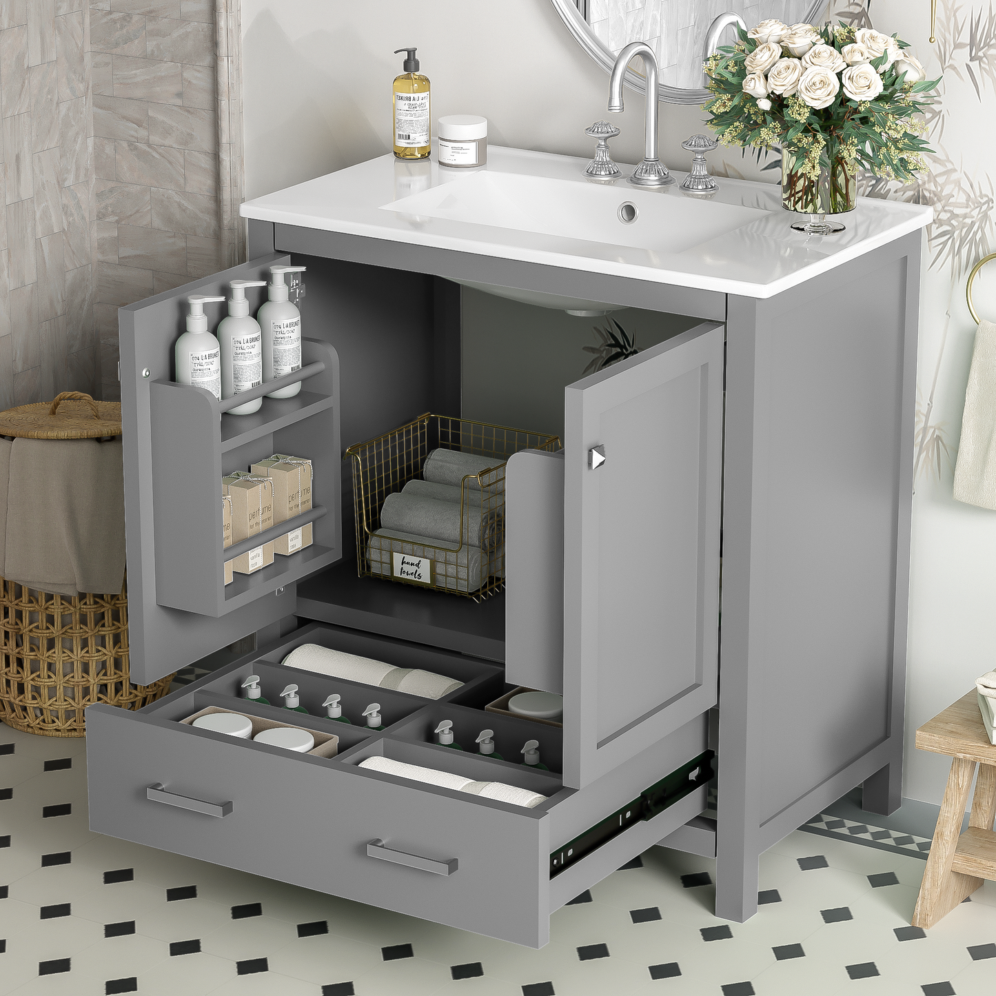 30-Inch Modern Gray Bathroom Vanity with Undermount Sink, Elegant Storage Cabinet Featuring Soft-Close Doors and Multifunctional Design