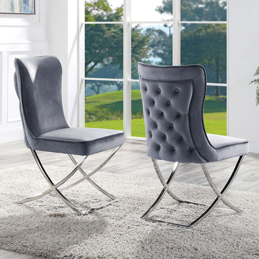 2 Velvet Dining Chairs with Button-Tufted Upholstery, Chrome Frame, 20.75W x 26.5D x 38H, Glam, Gray