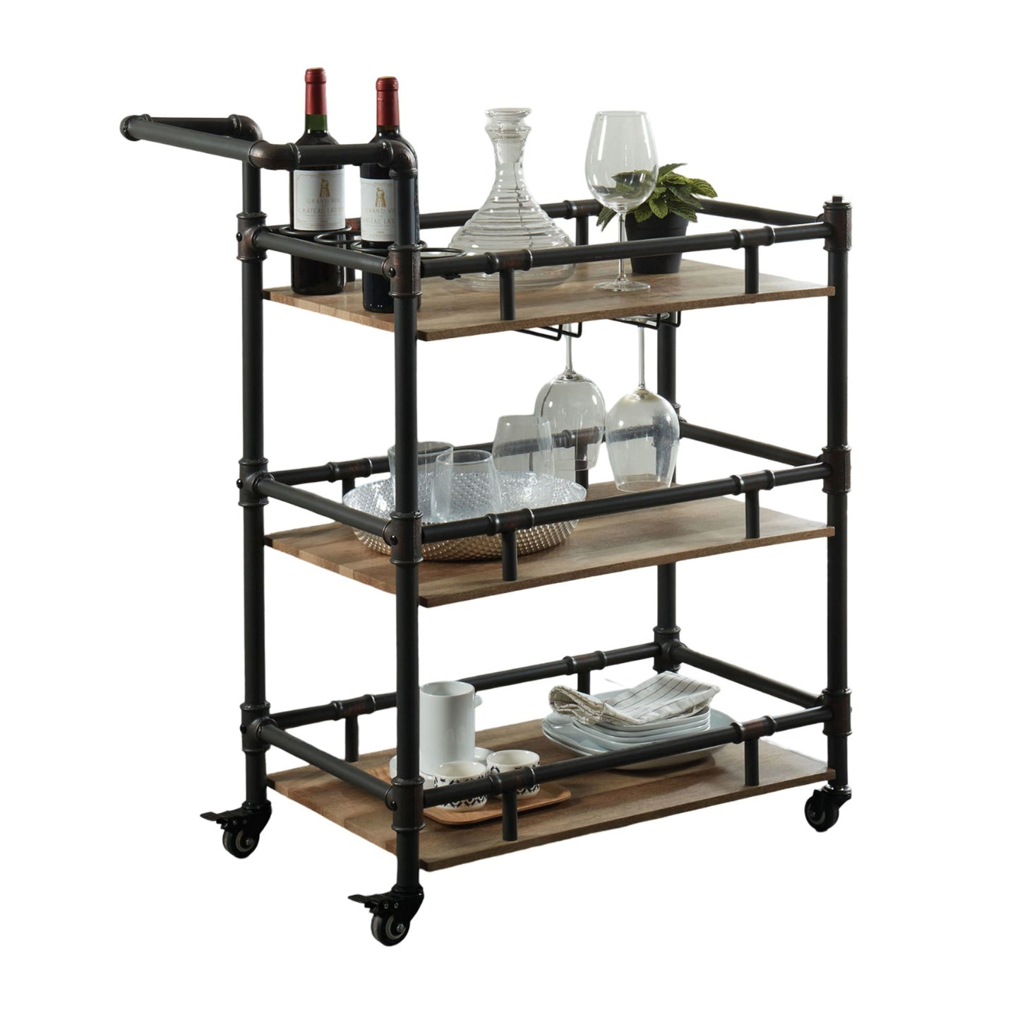 Rustic Industrial Three Tier Serving Cart Oak Finish Frame