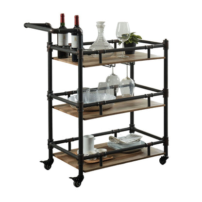 Rustic Industrial Three Tier Serving Cart Oak Finish Frame