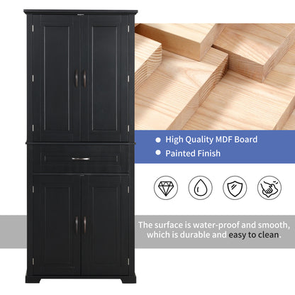 Tall Black Bathroom Storage Cabinet with Adjustable Shelf, Doors, and Drawer for Versatile Organization
